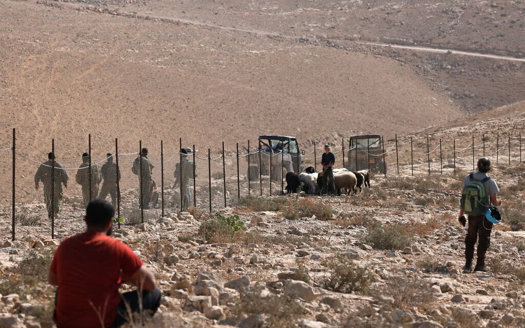 פלסטינים וכוחות צה"ל בכפר יטה שבגדה המערבית בזמן שמתנחל רועה את עדרו בשטח הכפר, 9 בנובמבר 2025 (צילום: HAZEM BADER / AFP) פלסטינים וכוחות צה"ל בכפר יטה שבגדה המערבית בזמן שמתנחל רועה את עדרו בשטח הכפר, 9 בנובמבר 2025 (צילום: HAZEM BADER / AFP)