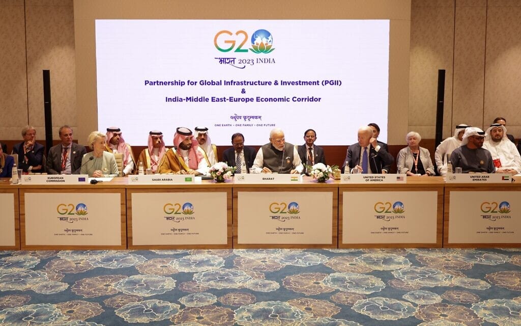 מסדרון כלכלי הודי-מזרח תיכוני-אירופאי, כנס בניו דלהי, 9 בספטמבר 2023 (צילום: Prime Minister's Office (GODL-India), ויקיפדיה) מסדרון כלכלי הודי-מזרח תיכוני-אירופאי, כנס בניו דלהי, 9 בספטמבר 2023 (צילום: Prime Minister's Office (GODL-India), ויקיפדיה)