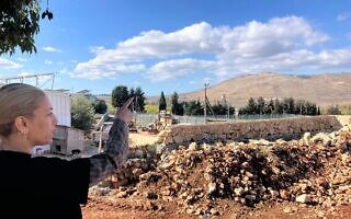 לימור ביטון מצביעה על בינת ג'בייל בלבנון מחצר ביתה במושב אביבים, 26 בנובמבר 2025 (צילום: דיאנה בלטר) לימור ביטון מצביעה על בינת ג'בייל בלבנון מחצר ביתה במושב אביבים, 26 בנובמבר 2025 (צילום: דיאנה בלטר)