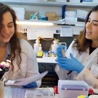 הדוקטורנטיות למא עואד ולריס אכלאאוג בעבודה במעבדה בטכניון