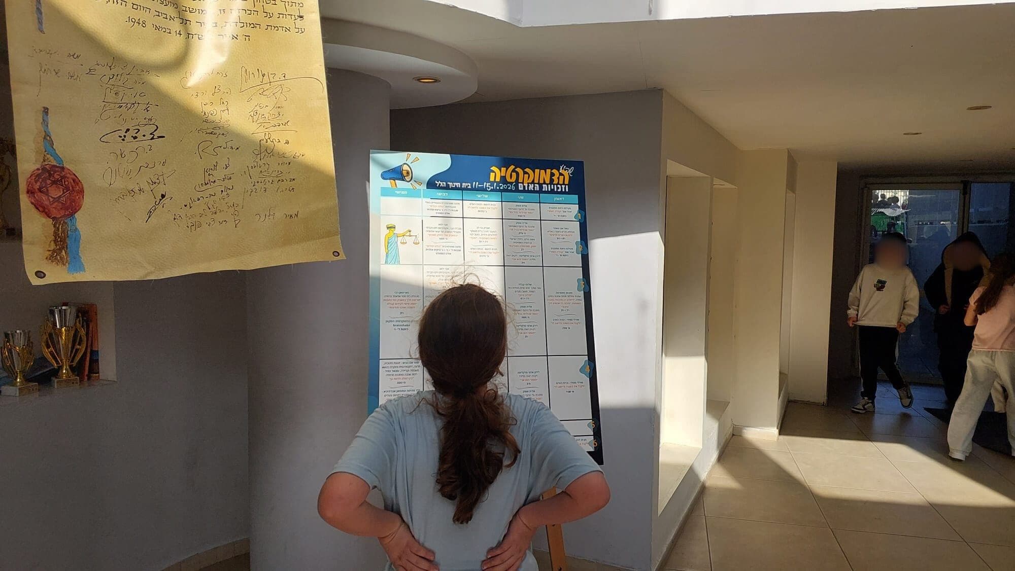 "שבוע הדמוקרטיה" בבית הספר "הלל" ברמת גן. 12 בינואר 2026 (צילום: עומר שרביט) "שבוע הדמוקרטיה" בבית הספר "הלל" ברמת גן. 12 בינואר 2026 (צילום: עומר שרביט)