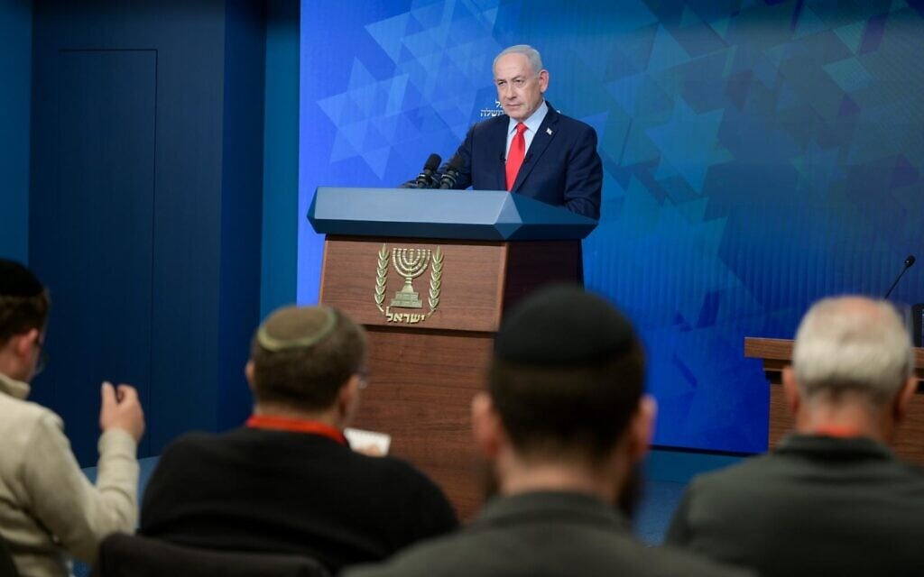 ראש הממשלה בנימין נתניהו במסיבת עיתונאים במשרד ראש הממשלה בירושלים, 27 בינואר 2026 (צילום: מעיין טואף / לע"מ) ראש הממשלה בנימין נתניהו במסיבת עיתונאים במשרד ראש הממשלה בירושלים, 27 בינואר 2026 (צילום: מעיין טואף / לע"מ)