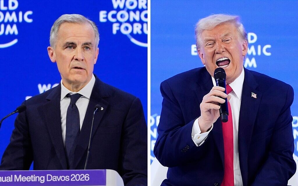 נשיא ארצות הברית דונלד טראמפ וראש ממשלת קנדה מארק קרני נואמים בפורום הכלכלי העולמי בדאבוס, שוויץ, 21 בינואר 2026 (צילום: AP Photo/Markus Schreiber) נשיא ארצות הברית דונלד טראמפ וראש ממשלת קנדה מארק קרני נואמים בפורום הכלכלי העולמי בדאבוס, שוויץ, 21 בינואר 2026 (צילום: AP Photo/Markus Schreiber)