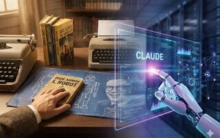 יד של רובוט נוגעת במסך וירטואלי על רקע ספריו של אסימוב (צילום: יצירה דיגיטלית אלון קורנגרין) יד של רובוט נוגעת במסך וירטואלי על רקע ספריו של אסימוב (צילום: יצירה דיגיטלית אלון קורנגרין)