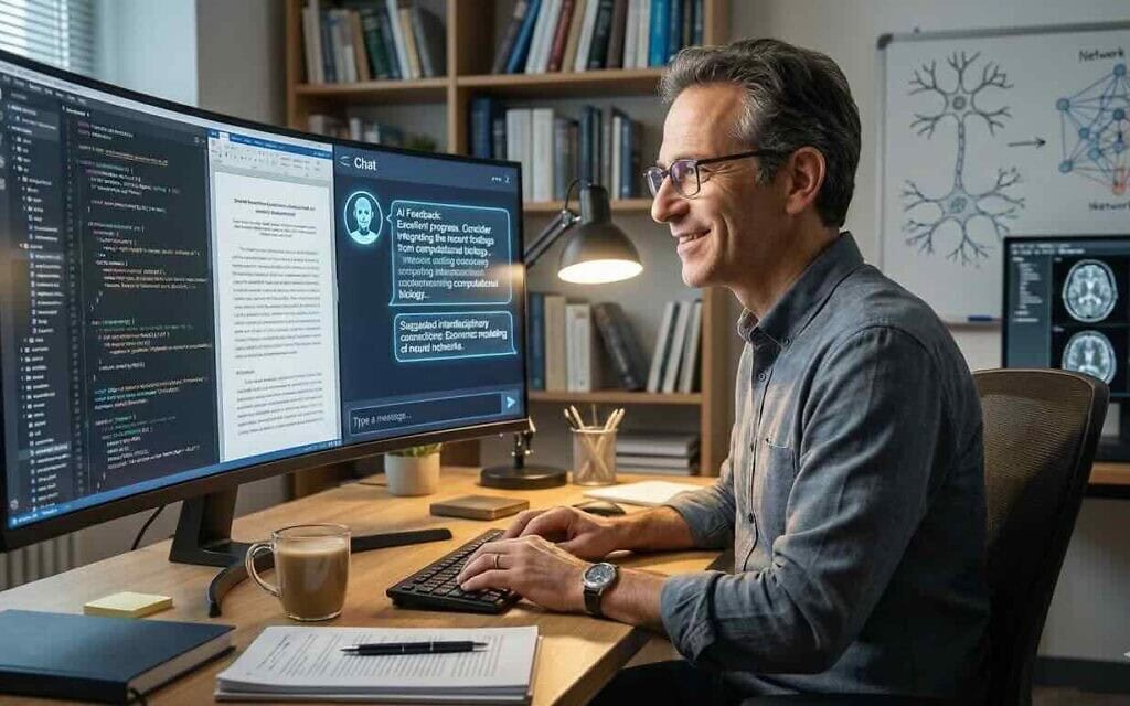 תמונה שיוצרה בכלי בינה מלאכותית המציגה מדען העובד על מחשב (צילום: יצירה דיגיטלית - אלון קורנגרין) תמונה שיוצרה בכלי בינה מלאכותית המציגה מדען העובד על מחשב (צילום: יצירה דיגיטלית - אלון קורנגרין)