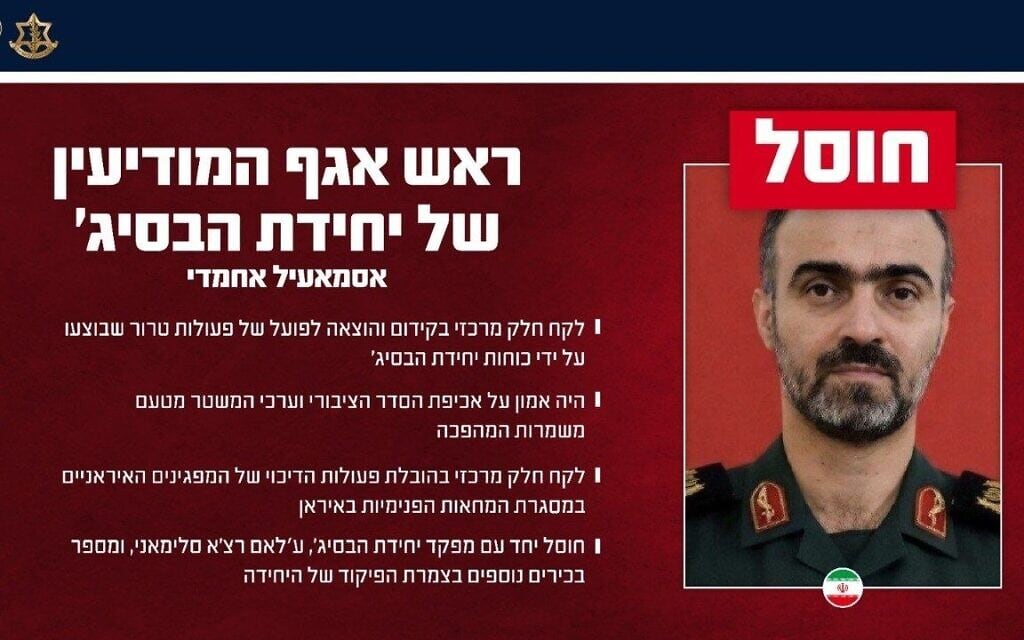 אסמאעיל אחמדי ראש אגף המודיעין של הבסיג׳ שחוסל על ידי צה״ל אסמאעיל אחמדי ראש אגף המודיעין של הבסיג׳ שחוסל על ידי צה״ל
