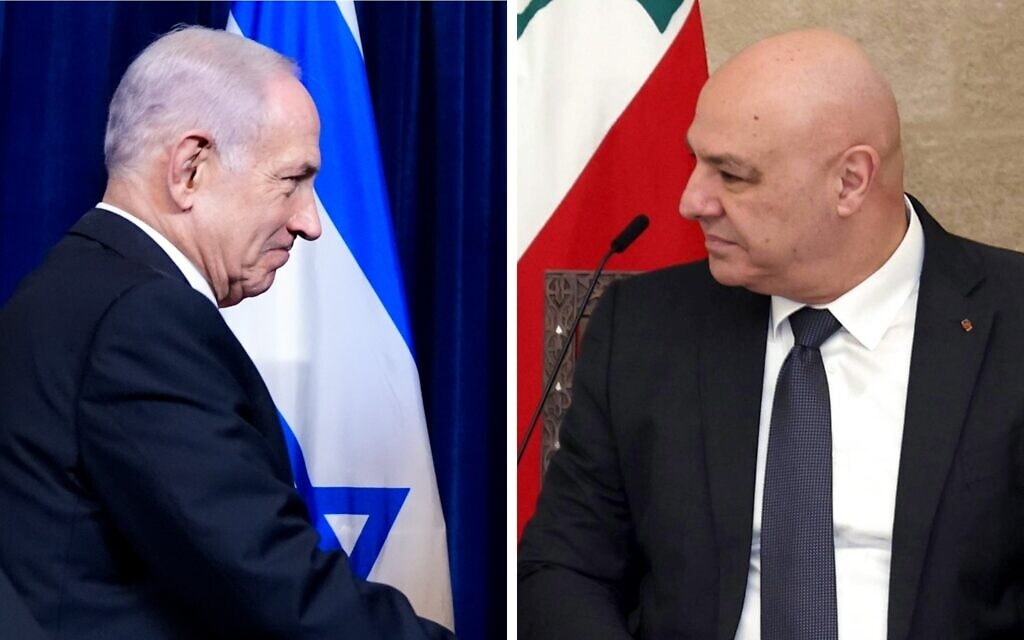 נשיא לבנון ג'וזף עאון, ראש ממשלת ישראל בנימין נתניהו (צילום: AP Photo/Alex Brandon, מונטז') נשיא לבנון ג'וזף עאון, ראש ממשלת ישראל בנימין נתניהו (צילום: AP Photo/Alex Brandon, מונטז')
