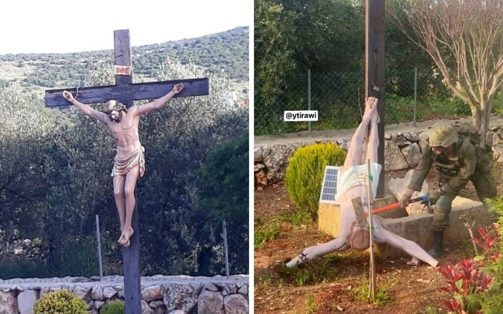 חייל צה"ל מנתץ פסל של ישו בכפר דבל במחוז א-נבטייה שבדרום לבנון, אפריל 2026 (צילום: שימוש לפי סעיף 27א לחוק זכויות יוצרים, מהרשתות החברתיות)