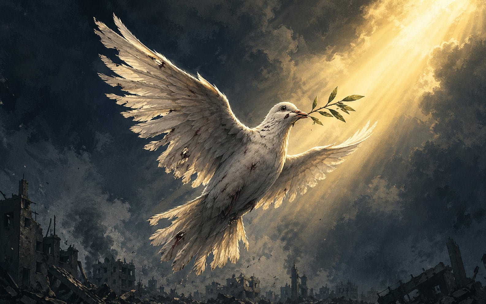 יונה חבוטה עם עלה של זית. אילוסטרציה (צילום: יצירת AI)