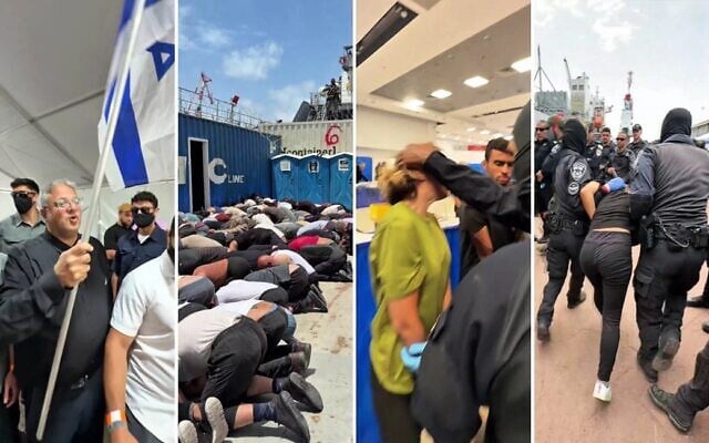 משתתפים במשט לרצועת עזה, לאחר שנעצרו בידי ישראל והשר לביטחון לאומי איתמר בן גביר בנמל אשדוד, 20 במאי 2026 (צילום: מתוך החשבון של איתמר בן גביר ברשת X) משתתפים במשט לרצועת עזה, לאחר שנעצרו בידי ישראל והשר לביטחון לאומי איתמר בן גביר בנמל אשדוד, 20 במאי 2026 (צילום: מתוך החשבון של איתמר בן גביר ברשת X)