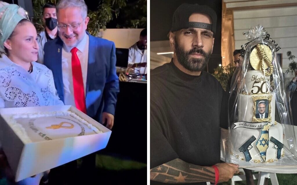מימין: העוגה שהביא עימו "הצל" (יואב אליאסי) לחגיגת יום ההולדת של איתמר בן גביר; ומשמאל: העוגה שהעניקה לשר אשתו איילה בן גביר. 2 במאי 2026 (צילום: עמוד הפייסבוק של "הצל", האינסטגרם של איתמר בן גביר)