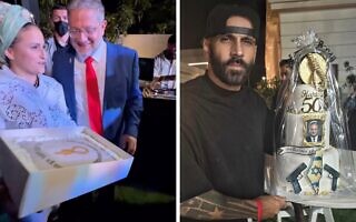מימין: העוגה שהביא עימו "הצל" (יואב אליאסי) לחגיגת יום ההולדת של איתמר בן גביר; ומשמאל: העוגה שהעניקה לשר אשתו איילה בן גביר. 2 במאי 2026 (צילום: עמוד הפייסבוק של "הצל", האינסטגרם של איתמר בן גביר) מימין: העוגה שהביא עימו "הצל" (יואב אליאסי) לחגיגת יום ההולדת של איתמר בן גביר; ומשמאל: העוגה שהעניקה לשר אשתו איילה בן גביר. 2 במאי 2026 (צילום: עמוד הפייסבוק של "הצל", האינסטגרם של איתמר בן גביר)