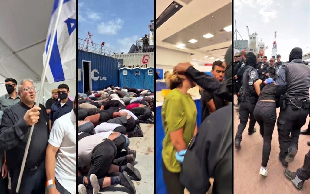 משתתפים במשט לרצועת עזה, לאחר שנעצרו בידי ישראל והשר לביטחון לאומי איתמר בן גביר בנמל אשדוד, 20 במאי 2026 (צילום: מתוך החשבון של איתמר בן גביר ברשת X) משתתפים במשט לרצועת עזה, לאחר שנעצרו בידי ישראל והשר לביטחון לאומי איתמר בן גביר בנמל אשדוד, 20 במאי 2026 (צילום: מתוך החשבון של איתמר בן גביר ברשת X)