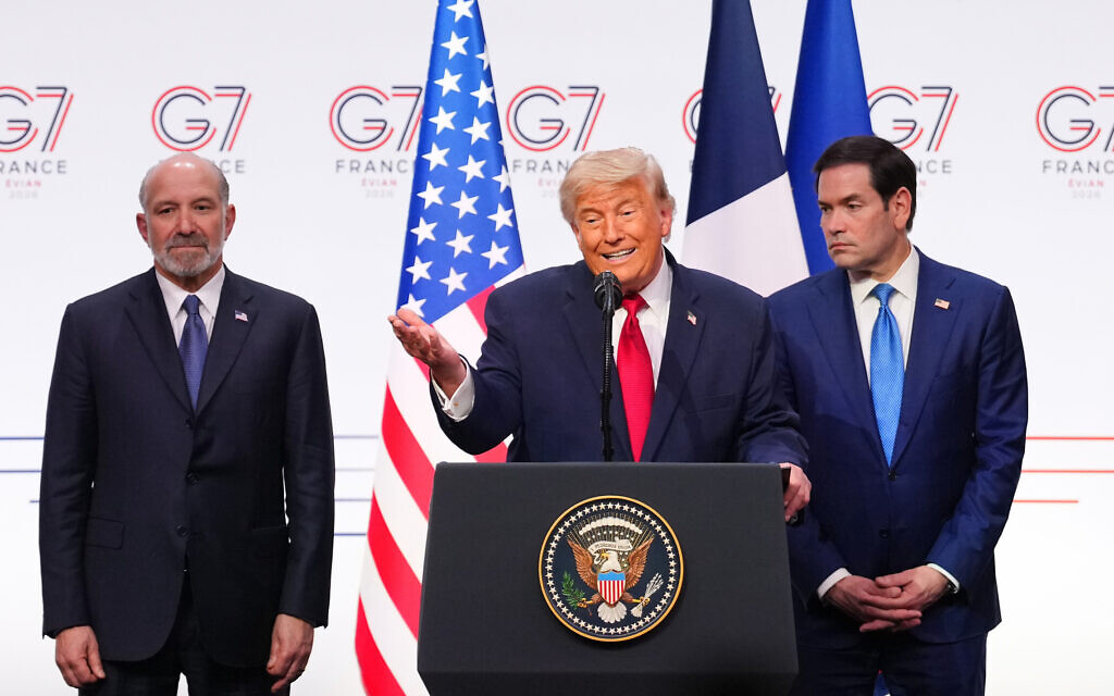 נשיא ארה"ב דונלד טראמפ במסיבת עיתונאים בסיום פסגת G7 באוויאן לה בן, צרפת, 17 ביוני 2026 (צילום: AP Photo/Vadim Ghirda) נשיא ארה"ב דונלד טראמפ במסיבת עיתונאים בסיום פסגת G7 באוויאן לה בן, צרפת, 17 ביוני 2026 (צילום: AP Photo/Vadim Ghirda)