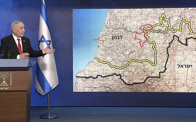 נתניהו מצביע על מפת לבנון וישראל במסיבת עיתונאים. 27 ביוני 2026 (צילום: צילום מסך) נתניהו מצביע על מפת לבנון וישראל במסיבת עיתונאים. 27 ביוני 2026 (צילום: צילום מסך)