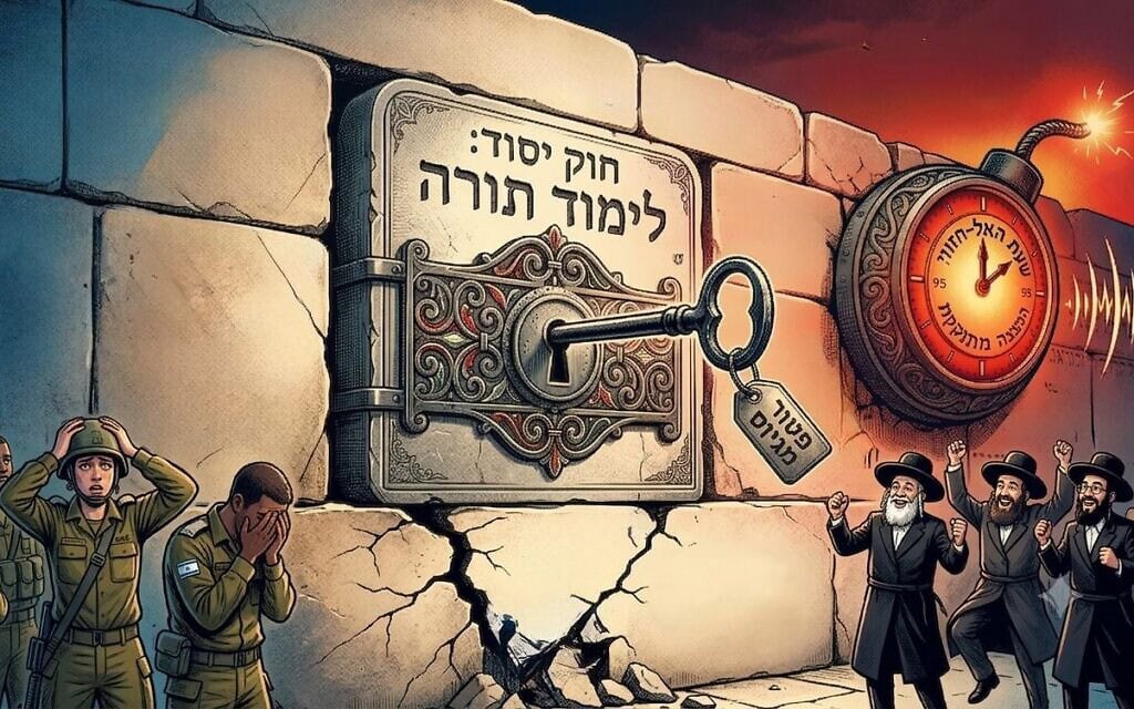 חוק יסוד לימוד תורה כ"פצצת זמן", אילוסטרציה (צילום: איור של אבי בן הר באמצעות Gemini) חוק יסוד לימוד תורה כ"פצצת זמן", אילוסטרציה (צילום: איור של אבי בן הר באמצעות Gemini)
