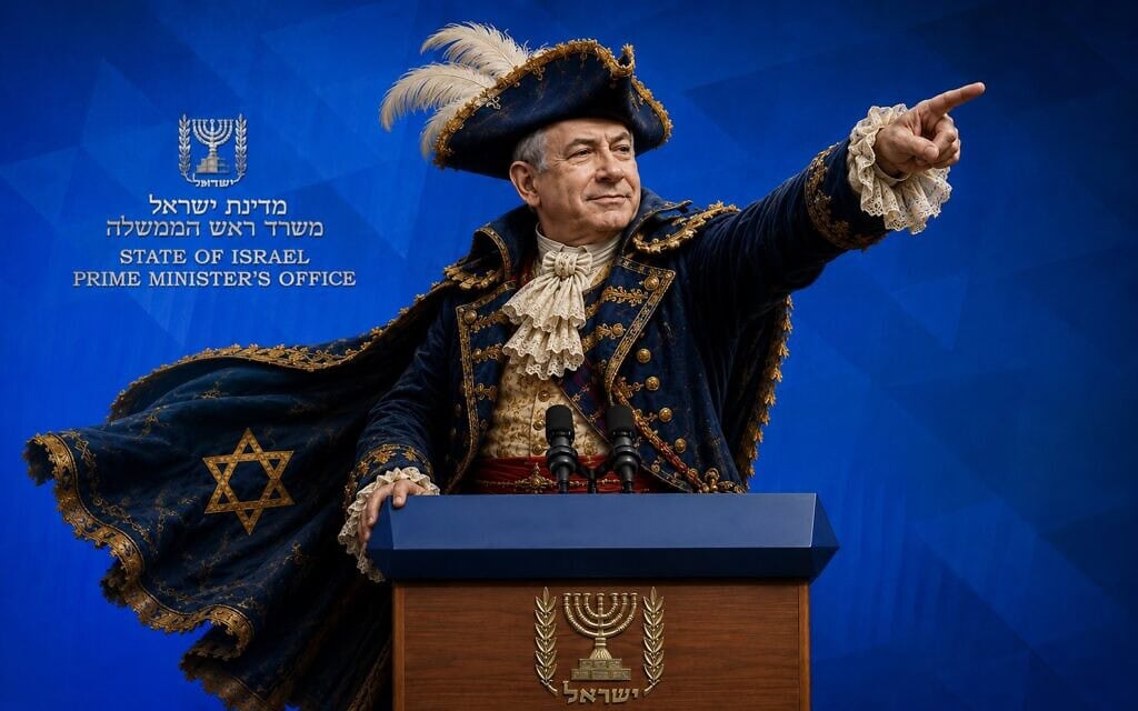 ראש הממשלה בנימין נתניהו בתפקיד הברון מינכהאוזן במסיבת עיתונאים (צילום: יצירת AI) ראש הממשלה בנימין נתניהו בתפקיד הברון מינכהאוזן במסיבת עיתונאים (צילום: יצירת AI)