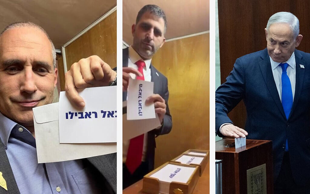 ההצבעה לתפקיד מבקר המדינה: ראש הממשלה בנימין נתניהו מטיל את קולו, שר התקשורת שלמה קרעי וח"כ חנוך מילביצקי מצלמים את עצמם מאחורי הפרגוד בוחרים בעו"ד מיכאל ראבילו לתפקיד המבקר, 3 ביוני 2026 (צילום: יונתן זינדל/פלאש90, מהרשתות החברתיות, מונטז')