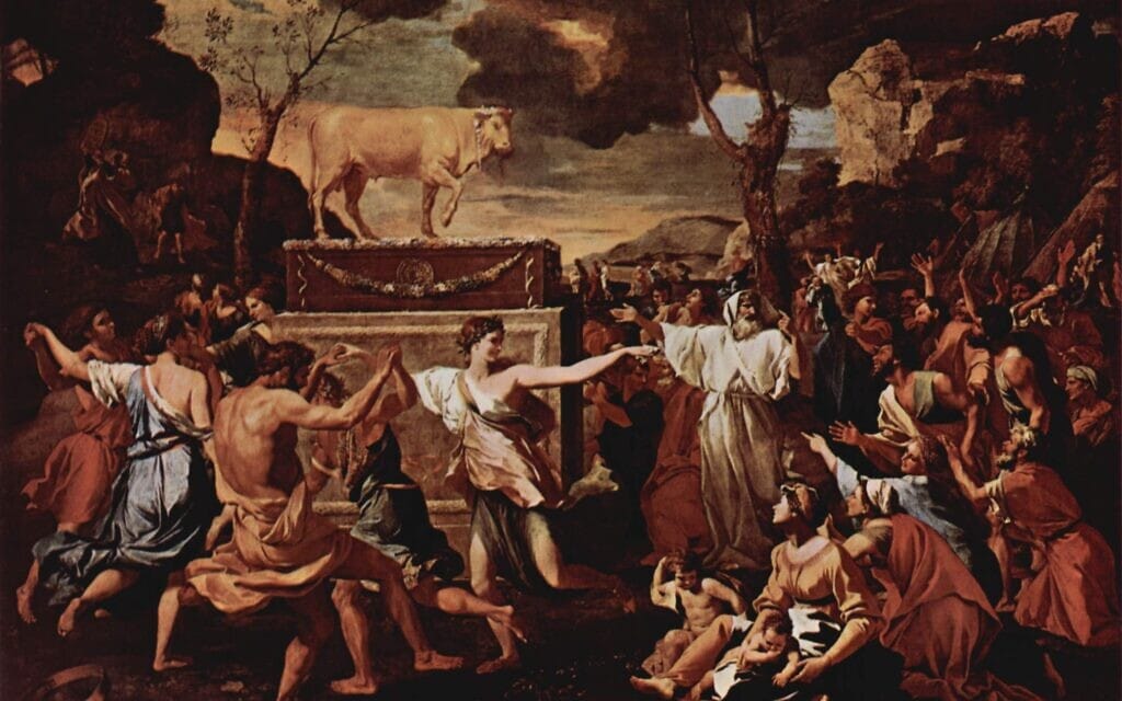 "עבודת עגל הזהב", ציור מאת ניקולא פוסן, 1634 (צילום: ויקיפדיה) "עבודת עגל הזהב", ציור מאת ניקולא פוסן, 1634 (צילום: ויקיפדיה)