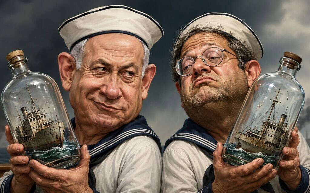 אילוסטרציה: איתמר בן גביר ובנימין נתניהו מציגים ספינה בבקבוק (צילום: יצירת AI) אילוסטרציה: איתמר בן גביר ובנימין נתניהו מציגים ספינה בבקבוק (צילום: יצירת AI)