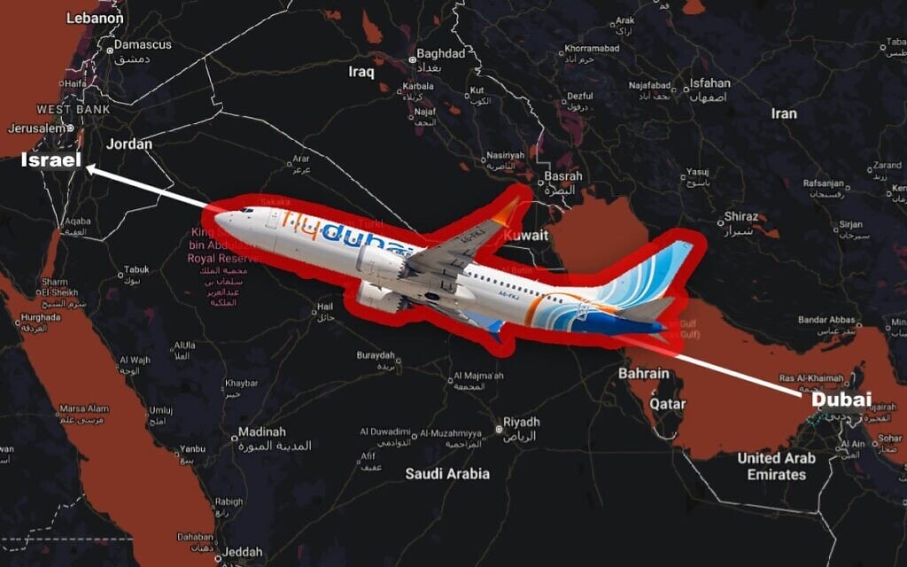 איור: מטוס בואינג 737 MAX 8 של פליידובאי נראה על גבי מפה המציגה את המסלול מדובאי לישראל (צילום: Boarding1Now/iStock/Screenshot via Google Maps) איור: מטוס בואינג 737 MAX 8 של פליידובאי נראה על גבי מפה המציגה את המסלול מדובאי לישראל (צילום: Boarding1Now/iStock/Screenshot via Google Maps)
