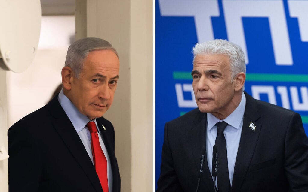 יאיר לפיד, בנימין נתניהו (צילום: יונתן זינדל/פלאש90, Ronen Zvulun, Pool Photo via AP)