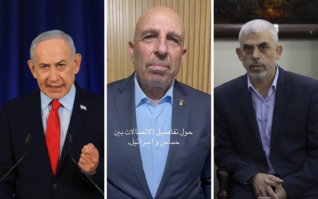 נימין נתניהו, שר הרשות הפלסטינית לשעבר סופיאן אבו זיידה וראש חמאס יחיא סנוואר (צילום: Ronen Zvulun, Pool Photo via AP, Screen capture/Facebook, AP Photo/Khalil Hamra)