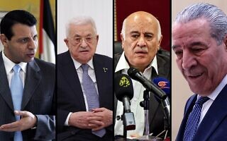 משמאל לימין: מוחמד דחלאן, נשיא הרשות הפלסטינית מחמוד עבאס, מזכ"ל הפתח ג'יבריל רג'וב וסגן נשיא הרשות הפלסטינית חוסיין א-שייח' (צילום: AP Photo/ Majdi Mohammed, Ramil Sitdikov / AFP, Zain JAAFAR / AFP) משמאל לימין: מוחמד דחלאן, נשיא הרשות הפלסטינית מחמוד עבאס, מזכ"ל הפתח ג'יבריל רג'וב וסגן נשיא הרשות הפלסטינית חוסיין א-שייח' (צילום: AP Photo/ Majdi Mohammed, Ramil Sitdikov / AFP, Zain JAAFAR / AFP)