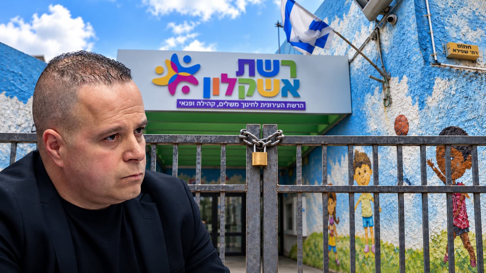 אילוסטרציה: הכניסה למבנה של "רשת אשקלון" סגורה (צילום: יונתן זינדל/פלאש90, מתוך עמוד הפייסבוק של מרכז קהילתי שפירא באשקלון, עיבוד AI) אילוסטרציה: הכניסה למבנה של "רשת אשקלון" סגורה (צילום: יונתן זינדל/פלאש90, מתוך עמוד הפייסבוק של מרכז קהילתי שפירא באשקלון, עיבוד AI)