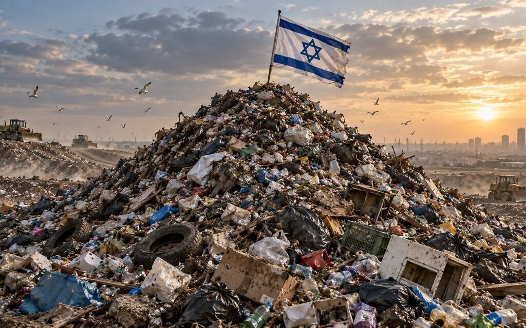 אילוסטרציה: דגל ישראל נעוץ על הר של זבל (צילום: יצירת AI) אילוסטרציה: דגל ישראל נעוץ על הר של זבל (צילום: יצירת AI)