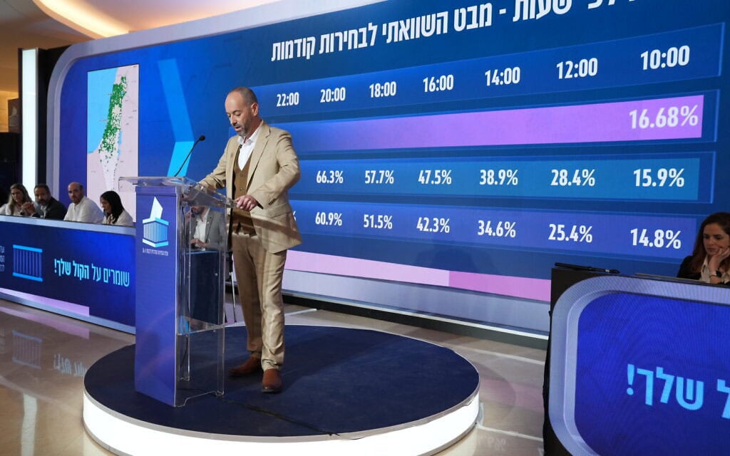 ממלא מקום מנכ״ל ועדת הבחירות המרכזית דין ליבנה מציג אחוזי הצבעה בבחירות. 27 באוקטובר 2026 (צילום: רועי ידובסקי, ועדת הבחירות המרכזית) ממלא מקום מנכ״ל ועדת הבחירות המרכזית דין ליבנה מציג אחוזי הצבעה בבחירות. 27 באוקטובר 2026 (צילום: רועי ידובסקי, ועדת הבחירות המרכזית)