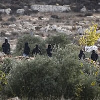 מתנחלים רעולי פנים מתעמתים עם פלסטינים במהלך מסיק הזיתים השנתי בכפר אבו פלאח שליד רמאללה, שם נפצעו כמה בני אדם, בהם צלמת העיתונות האמריקאית היידי לוין, 16 באוקטובר 2026
