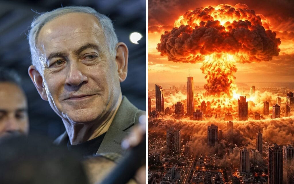 תמונת בינה מלאכותית של פצצת אטום על תל אביב שבנימין נתניהו העלה כקמפיין בחירות, 25 באוקטובר 2026 (צילום: שרון לייבל/פלאש90, חשבון הטוויטר של בנימין נתניהו) תמונת בינה מלאכותית של פצצת אטום על תל אביב שבנימין נתניהו העלה כקמפיין בחירות, 25 באוקטובר 2026 (צילום: שרון לייבל/פלאש90, חשבון הטוויטר של בנימין נתניהו)